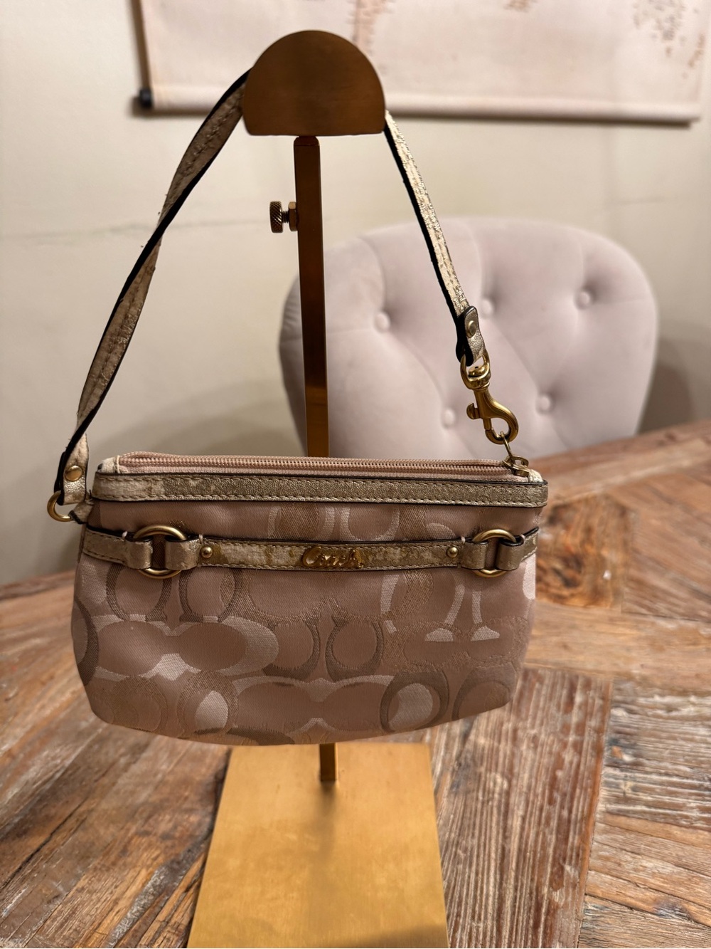 Coach Mini Wristlet in Taupe Signature Jacquard